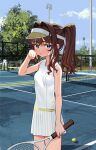  1girl ball bare_arms bare_shoulders blush brown_hair brown_headwear day hand_up high_ponytail highres holding holding_racket long_hair looking_at_viewer luicent original outdoors parted_lips pleated_skirt ponytail racket shirt skirt sleeveless sleeveless_shirt solo sportswear sweat tennis tennis_ball tennis_court tennis_net tennis_racket tennis_uniform visor_cap white_shirt white_skirt 
