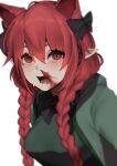  1girl :d absurdres animal_ears blood bloody_nose blurry bobby36446329 braid breasts cat_ears depth_of_field dress extra_ears eyebrows_behind_hair fang green_dress highres kaenbyou_rin long_hair medium_breasts open_mouth pointy_ears red_eyes red_hair simple_background smile solo touhou twin_braids twintails upper_body white_background 