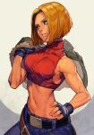  1girl belt biceps blonde_hair blue_eyes blue_gloves blue_mary blue_pants cropped_shirt fatal_fury fingerless_gloves gloves hand_on_hip hungry_clicker lips looking_to_the_side midriff muscular muscular_female navel pants red_shirt shirt short_hair solo the_king_of_fighters 