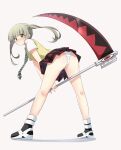  1girl absurdres ass closed_mouth full_body green_eyes highres ikazu401 long_hair looking_at_viewer maka_albarn necktie panties plaid plaid_skirt school_uniform scythe simple_background skirt solo soul_eater twintails underwear weapon 
