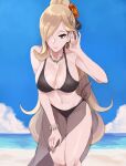  1girl alternate_costume bead_bracelet beads bikini blonde_hair bracelet breasts cleavage closed_mouth cloud commentary cynthia_(pokemon) day earrings eyelashes grey_eyes hair_ornament hair_over_one_eye hand_on_own_thigh hand_up highres jewelry knees leaning_forward long_hair navel necklace outdoors pokemon pokemon_(game) pokemon_dppt sand shiny shiny_skin shore sky solo swimsuit tommy_(kingdukeee) very_long_hair water 