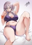  1girl absurdres bangs bare_shoulders barefoot bikini blue_eyes breasts cleavage collarbone dated feet gridman_universe highres knee_up large_breasts light_brown_hair looking_at_viewer love-saber mujina navel parted_lips purple_bikini signature sitting solo ssss.dynazenon swimsuit thighs toes 
