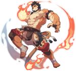  1boy abs alca animal_ears bara bare_pectorals beard black_hair briefs brown_male_underwear bulge chest_hair clothing_cutout crotchless crotchless_pants facial_hair fiery_tail flaming_hand full_body furrification furry gyee highres jewelry large_pectorals lion_boy lion_ears male_focus male_underwear mature_male muscular muscular_male navel navel_hair necklace nipples official_art pants pectorals red_eyes short_hair stomach tail thick_eyebrows thick_thighs thigh_cutout thighs transparent_background underwear 