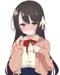  1girl black_hair blue_eyes blush bow hololive long_hair meme_attire official_alternate_costume oozora_subaru playing_with_own_hair tera_zip virgin_killer_outfit virtual_youtuber white_background 