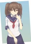  1girl alternate_costume bangs blue_sailor_collar blue_skirt blush brown_hair closed_mouth eyebrows_visible_through_hair hair_between_eyes highres kantai_collection long_hair looking_at_viewer neckerchief nito_(nshtntr) red_eyes red_neckwear ryuujou_(kancolle) sailor_collar school_uniform serafuku short_sleeves simple_background skirt solo twintails 