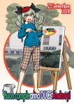  1girl :d anchovy_(girls_und_panzer) anzio_(emblem) bangs beret black_ribbon blue_cardigan brown_eyes brown_pants canvas_(object) capri_pants cardigan carro_armato_p40 casual character_name collared_shirt commentary_request dated drill_hair easel emblem eyebrows_visible_through_hair flats girls_und_panzer green_hair ground_vehicle hair_ribbon happy_birthday hat holding holding_paintbrush italian_text long_hair long_sleeves looking_at_viewer military military_vehicle motor_vehicle ooarai_(ibaraki) oosaka_kanagawa open_mouth paintbrush painting palette pants partial_commentary plaid plaid_pants red_footwear red_headwear ribbon shirt signature smile solo standing tank tilted_headwear translated twin_drills twintails white_shirt 