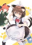  2girls :3 alternate_costume animal_ear_fluff animal_ears blush bow bowtie braid bright_pupils brown_eyes brown_hair cat_ears cat_tail chen corset dress earrings enmaided extra_ears foot_out_of_frame green_dress halo highres jewelry kaenbyou_rin kibisake long_hair looking_at_viewer maid mouse multiple_girls multiple_tails nekomata orange_background paw_pose paw_print paw_print_background pointy_ears red_eyes red_hair red_neckwear short_hair simple_background single_earring tail touhou twin_braids twintails two_tails white_pupils 