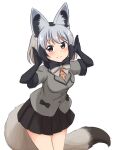  1girl absurdres animal_ears bat-eared_fox_(kemono_friends) black_fur black_gloves black_hair black_neckwear black_skirt blush bow bowtie brown_eyes commentary cowboy_shot elbow_gloves eyebrows_visible_through_hair fox_ears fox_girl fox_tail fur_trim gloves grey_hair grey_jacket highres jacket kemono_friends multicolored_hair orange_shirt pleated_skirt pose shiraha_maru shirt short_hair short_sleeves simple_background skirt solo tail two-tone_hair white_background 