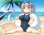  1girl :3 beach black_hairband blue_sky breasts cameltoe closed_mouth eyebrows_visible_through_hair green_eyes grey_hair hairband highres konpaku_youmu konpaku_youmu_(ghost) large_breasts looking_at_viewer navel ocean outdoors pegashi pointing pointing_at_self school_swimsuit short_hair sky soles solo spread_legs swimsuit touhou tree 
