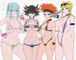  4girls areola_slip areolae bikini black_bikini black_hair blonde_hair blue_bikini blue_hair breasts brown_gloves cleavage covered_nipples crow_hogan earrings eyewear_on_head facial_mark female_pubic_hair fingerless_gloves fudou_yuusei genderswap genderswap_(mtf) gloves grin groin hand_on_hip headband highres jack_atlas jewelry kiryuu_kyousuke large_areolae long_hair looking_at_viewer micro_bikini multiple_girls navel orange_hair pink_gloves ponytail pubic_hair pubic_hair_peek purple_eyes purple_swimsuit short_hair simple_background slingshot_swimsuit smile sweatdrop swimsuit white_bikini wristband yanazuri_(kimossari337) yellow_eyes yu-gi-oh! yu-gi-oh!_5d&#039;s 