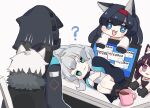  1boy 1other 3girls :3 :d ? ambiguous_gender animal_ears arknights bangs black_cape black_footwear black_gloves black_hair black_jacket blaze_(arknights) blue_eyes boots brown_background cape cat_ears chibi closed_mouth colored_eyelashes commentary_request computer cup doctor_(arknights) error_message eyebrows_visible_through_hair fang fur-trimmed_cape fur_trim gloves green_eyes grey_hair hairband hood hood_up hooded_jacket jacket laptop lying melantha_(arknights) minigirl mug multiple_girls on_side open_clothes open_jacket open_mouth parted_lips paw_gloves paws purple_eyes purple_hair red_hairband rosmontis_(arknights) shirt shoe_soles silverash_(arknights) simple_background smile someyaya sweat thick_eyebrows white_jacket white_shirt 