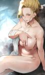  1girl absurdres ballroom_e_youkoso bathing blonde_hair breast_hold breasts brown_eyes collarbone forehead hair_between_eyes highres hyoudou_marisa large_breasts long_hair looking_at_viewer mole mole_under_mouth navel nude onsen sitting smile solo steam thighs towel wet yoshio_(55level) 