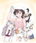  &gt;:( 1boy 3girls :&lt; african_wild_dog_(kemono_friends) african_wild_dog_print animal_ears arm_hug arm_up bangs bare_arms bare_shoulders blue_eyes bottle bow bowtie breast_pocket brown_eyes brown_hair camisole captain_(kemono_friends) closed_mouth collarbone commentary_request cuddling dhole_(kemono_friends) dog_(mixed_breed)_(kemono_friends) dog_ears dog_girl eyebrows_visible_through_hair flustered flying_sweatdrops fur_collar gloves grey_hair harness head_under_clothes heterochromia highres holding holding_bottle jacket kemono_friends kemono_friends_3 layered_sleeves long_sleeves looking_at_another medium_hair milk milk_bottle motion_lines multicolored_hair multiple_girls pocket print_sleeves saja_(166j357) shirt short_hair short_over_long_sleeves short_sleeves sleeveless sleeveless_shirt smile sweater_vest towel towel_on_head two-tone_hair v-shaped_eyebrows white_hair yellow_eyes 