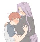  1boy 1girl bangs banned_artist black_sweater blush breasts emiya_shirou fate_(series) glasses hetero large_breasts long_hair long_sleeves medusa_(fate) medusa_(rider)_(fate) mo_(kireinamo) parted_bangs purple_eyes purple_hair raglan_sleeves short_hair smile sweater very_long_hair 