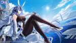  1girl animal_ears azur_lane bird blue_eyes blue_hair blue_sky bodystocking breasts bunny_ears closed_mouth cloud cloudy_sky crossed_legs day eagle_union_(emblem) elbow_gloves from_side full_body gloves high_heels highres hoojiro large_breasts lighthouse logo long_hair new_jersey_(azur_lane) ocean official_art outdoors profile rigging silver_footwear sitting sky smile solo sun very_long_hair watermark white_gloves 