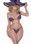  1girl ashiomi_masato bangs bare_shoulders bikini blush breasts brown_hair cleavage collarbone flower genshin_impact green_eyes hat hat_belt hat_flower highres large_breasts lisa_minci long_hair looking_at_viewer purple_bikini purple_headwear smile solo swimsuit thighs witch_hat 