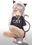  1girl :3 absurdres animal_ears bell beret black_shirt breasts cat_ears cat_tail collar dampi extra_ears full_body hair_ornament hat highres jingle_bell light_blush light_smile long_hair original shirt shorts silver_hair small_breasts solo squatting tail very_long_hair white_shorts yellow_eyes 