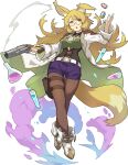  1girl animal_ear_fluff animal_ears arm_up artist_request bangs belt blonde_hair blush boots breasts brown-framed_eyewear brown_legwear bullet cleavage coat corset crossed_legs erlenmeyer_flask eyebrows_visible_through_hair flare_gun flask fox_ears fox_girl fox_tail full_body glasses gun half-closed_eyes handgun highres holding holding_gun holding_weapon holster labcoat large_breasts light_blush liquid long_hair long_sleeves looking_at_viewer lunalu_(world_flipper) non-web_source official_art open_clothes open_coat open_mouth orange_eyes pantyhose purple_shorts semi-rimless_eyewear shiny shiny_hair shirt short_shorts shorts sidelocks smoke smoking_gun solo standing tail test_tube thigh_holster thigh_strap transparent_background two-sided_coat v-shaped_eyebrows watson_cross weapon white_coat white_footwear world_flipper 