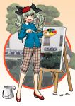  1girl :d anchovy_(girls_und_panzer) anzio_(emblem) bangs beret black_ribbon blue_cardigan brown_eyes brown_pants canvas_(object) capri_pants cardigan carro_armato_p40 casual character_name collared_shirt commentary_request drill_hair easel emblem eyebrows_visible_through_hair flats girls_und_panzer green_hair ground_vehicle hair_ribbon hat holding holding_paintbrush long_hair long_sleeves looking_at_viewer military military_vehicle motor_vehicle ooarai_(ibaraki) oosaka_kanagawa open_mouth paintbrush painting palette pants partial_commentary plaid plaid_pants red_footwear red_headwear ribbon shirt signature smile solo standing tank textless tilted_headwear twin_drills twintails white_shirt 