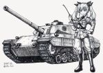  1girl anchovy_(girls_und_panzer) anzio_(emblem) anzio_military_uniform bangs belt boots carro_armato_p43 commentary_request dated dress_shirt drill_hair emblem girls_und_panzer grin ground_vehicle hair_ribbon hand_on_hip holding jacket knee_boots long_hair long_sleeves looking_to_the_side military military_uniform military_vehicle motor_vehicle necktie nspa_(spa-jcs) pants partial_commentary ribbon riding_crop sam_browne_belt shirt smile solo standing tank traditional_media twin_drills twintails twitter_username uniform wing_collar 