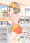  1girl :d apron bar_stool blue_eyes brown_hair burger cheese commentary_request cup disposable_cup drinking_straw employee_uniform food hair_ornament highres holding holding_tray koga_tomoe leg_up letter_hair_ornament lettuce looking_at_viewer looking_back open_mouth pink_shirt red_shorts restaurant seishun_buta_yarou shirt short_hair short_shorts short_sleeves shorts smile solo standing stool tamura_satomi tray uniform visor_cap waist_apron 