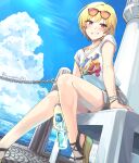  1girl bangs blonde_hair blue_sky blush bottle brown_eyes byougaku cloud collarbone commentary_request drink eyebrows_visible_through_hair eyewear_on_head grin idolmaster idolmaster_shiny_colors looking_at_viewer ocean outdoors ramune saijou_juri sandals shirt short_hair shorts sitting sky smile solo sunglasses tsurime twitter_username watch water white_shirt wristband wristwatch 