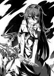  1girl bare_shoulders blood bloody_tears collarbone dress ertugrul_howl fixro2n greyscale heavy_breathing highres holding holding_sword holding_weapon long_hair monochrome off-shoulder_dress off_shoulder official_art one_eye_closed open_mouth shuuen_no_youjo_eruru_to_shinazu_no_raiza solo sword two-handed upper_teeth very_long_hair weapon 