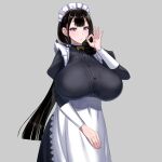  1girl bangs black_hair blush breasts fellatio_gesture frills grey_background grey_eyes highres large_breasts long_hair looking_at_viewer maid maid_headdress original simple_background solo yanazuri_(kimossari337) 