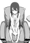  1girl absurdres alcohol armchair bangs beer beer_mug blush chair closed_mouth collarbone cup ertugrul_howl eyebrows_visible_through_hair feet_out_of_frame fixro2n greyscale hair_between_eyes highres holding holding_cup long_hair looking_at_viewer monochrome mug navel official_art on_chair panties scar scar_on_chest shuuen_no_youjo_eruru_to_shinazu_no_raiza simple_background sitting solo table topless towel towel_around_neck underwear underwear_only very_long_hair white_background 
