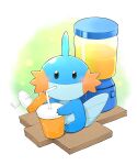  black_eyes blender blush closed_mouth commentary_request creature cup drinking_straw gen_3_pokemon highres holding looking_at_viewer mudkip no_humans pokemon pokemon_(creature) sitting siyuan_(user_wpmx5354) smile solo starter_pokemon switch wooden_floor 