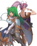  2girls a_(user_vtsy8742) armor bangs blue_eyes breastplate cape dress elbow_gloves erinys_(fire_emblem) fire_emblem fire_emblem:_genealogy_of_the_holy_war gloves green_eyes green_hair hair_ribbon highres holding holding_weapon jewelry long_hair looking_back multiple_girls polearm ponytail purple_hair ribbon shoulder_armor simple_background spear tailtiu_(fire_emblem) weapon white_armor white_background 