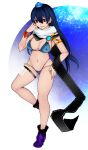  1girl alternate_costume alternate_hair_length alternate_hairstyle aoshima ass_visible_through_thighs bare_legs bikini black_scarf blue_bikini blue_hair blue_headwear breasts centipede_print cleavage commentary_request fox_print full_body hand_on_own_face hand_on_thigh highres iizunamaru_megumu large_breasts long_hair looking_ahead multi-strapped_bikini multiple_scarfs navel open_mouth orange_ribbon parted_lips purple_footwear red_eyes ribbon scarf shoes smile solo swimsuit thigh_strap touhou vial white_scarf wrist_ribbon 