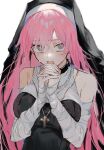  1girl @_@ absurdres bandaged_arm bandages bare_shoulders black_headwear breasts cross cross_necklace crying crying_with_eyes_open fangs grey_eyes habit hands_clasped hands_up highres jewelry large_breasts long_hair looking_at_viewer necklace nun open_mouth original own_hands_together pink-haired_nun_(skeb) pink_hair simple_background solo suechiee sweat tears upper_body upper_teeth watermark white_background 