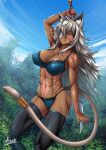  1girl :p abs adsouto ahoge animal_ears arm_up armpits ass bangs bare_shoulders black_legwear blush bra breasts cat_ears cat_tail cleavage clip_studio_paint_(medium) cloud collarbone covered_nipples cowboy_shot dark-skinned_female dark_skin day eyebrows_visible_through_hair eyepatch ghislaine_dedoldia green_bra green_panties groin hair_between_eyes highres holding holding_sword holding_weapon large_breasts lingerie long_hair looking_at_viewer muscular muscular_female mushoku_tensei navel outdoors panties red_eyes scar scar_on_cheek scar_on_face scar_on_stomach sidelocks signature silver_hair smile solo standing standing_on_one_leg stomach sword tail tail_ornament tail_ring thighhighs tongue tongue_out tree underboob underwear weapon 