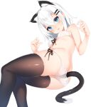  1girl :o anal anal_object_insertion anal_tail animal_ears ass bangs bikini black_legwear blue_eyes blush breasts cat_ears cat_tail commentary_request fake_tail feet_out_of_frame from_side hair_ornament hairclip highres looking_at_viewer lying object_insertion open_mouth original otokuyou paw_pose ringo-chan_(otokuyou) side-tie_bikini simple_background skindentation small_breasts solo swimsuit tail thighhighs white_background white_bikini white_hair 