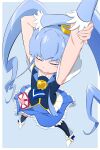  1girl arms_up bangs blue_hair blue_legwear blue_skirt blush_stickers closed_eyes collarbone crown cure_princess from_above fuchi_(nightmare) happinesscharge_precure! highres long_hair magical_girl mini_crown precure shirayuki_hime shirt shoes skirt sleeveless sleeveless_shirt solo stretch thick_eyebrows thighhighs twintails white_footwear 
