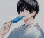  1boy absurdres black_hair ear_piercing eating fang food grey_background grey_eyes hand_up highres holding holding_food jewelry looking_at_viewer male_focus mole mole_under_eye necklace open_mouth original piercing popsicle ring shirt short_hair simple_background solo suechiee sweat upper_body upper_teeth white_shirt 