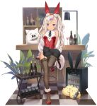  1girl animal animal_ears archerfish_(azur_lane) archerfish_(coquettish_bunny)_(azur_lane) azur_lane bare_shoulders bird black_legwear bottle breasts bunny_ears cat chick closed_mouth cocktail_glass cup drinking_glass fake_animal_ears feather_boa garter_straps hairband highleg highleg_leotard highres kani_biimu leg_up leotard long_hair looking_at_viewer manjuu_(azur_lane) medium_breasts meowfficer_(azur_lane) necktie off_shoulder official_alternate_costume official_art one_side_up playboy_bunny purple_eyes red_footwear red_leotard shoes short_necktie silver_hair sitting smile solo stool tan tanline thighhighs thighs transparent_background wavy_hair wing_collar 