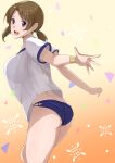  1girl absurdres ass blue_shorts blush bra_through_clothes brown_hair from_side gradient gradient_background highres mahouka_koukou_no_rettousei micro_shorts mitsui_honoka open_mouth orange_background purple_eyes see-through shirt short_sleeves shorts smile solo twintails white_shirt yone-chan_(kuwm5222) 