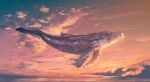  absurdres anato_finnstark artist_name cloud copyright_request english_commentary flying flying_whale from_side harpoon highres no_humans ocean outdoors sky sunset weapon whale 