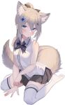  1girl absurdres animal_ear_fluff animal_ears bare_arms bare_shoulders between_legs black_skirt blue_eyes bow bowtie breasts closed_mouth collared_shirt extra_ears flower fox_ears fox_girl fox_tail hair_bow hair_flower hair_ornament hairclip highres jun_(aousa0328) long_hair looking_at_viewer miniskirt no_shoes original pleated_skirt ponytail shirt sidelocks silver_hair simple_background sitting skirt sleeveless sleeveless_shirt small_breasts solo tail thighhighs wariza white_background white_legwear white_shirt zettai_ryouiki 