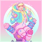  1girl ^_^ absurdres apex_legends bangs blonde_hair blue_bow blue_jacket blush bodysuit bow breasts closed_eyes crossed_legs double_v eyeshadow gloves green_bow highres hood hooded_jacket jacket kawaii_voltage_wattson knee_pads lila_(lilakeylk) makeup official_alternate_costume pink_bodysuit pink_bow pink_eyeshadow pink_headwear scar scar_on_cheek scar_on_face sitting small_breasts smile solo v wattson_(apex_legends) 
