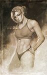  1girl annie_leonhardt bare_arms breasts closed_mouth covered_nipples hand_on_hip highres lips monochrome nate_artuz navel shingeki_no_kyojin solo standing tank_top tied_hair toned 