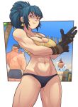  1girl 2boys abs adjusting_clothes adjusting_gloves bangs bare_shoulders beach biceps blue_eyes blue_hair breasts clark_still cleavage closed_mouth commentary crop_top dog_tags earrings english_commentary fumphole gloves grin hat highres jewelry large_breasts leona_heidern long_hair looking_at_viewer midriff military multiple_boys muscular muscular_female navel ocean outdoors ponytail ralf_jones smile solo_focus standing sunglasses swimsuit tank_top the_king_of_fighters the_king_of_fighters_xv thumbs_up triangle_earrings water 
