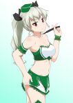  anchovy_(girls_und_panzer) bandeau bangs bare_shoulders black_ribbon breasts cleavage closed_mouth commentary cowboy_shot drill_hair eyebrows_visible_through_hair frilled_armband frilled_cuffs frilled_skirt frills from_side garrison_cap girls_und_panzer gradient gradient_background green_background green_hair green_headwear green_legwear green_shirt green_skirt hair_ribbon hat lifted_by_self long_hair looking_at_viewer medium_breasts midriff miniskirt navel official_alternate_costume pacific_racing_team panties panty_peek race_queen red_eyes ribbon riding_crop shirt skirt smile standing thighhighs twin_drills twintails underwear uraji_(vladimir1924121) 