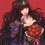  1girl black_dress black_gloves black_hair bouquet breasts bridal_gauntlets bride bride_(fire_emblem) dress elbow_gloves english_commentary faithom fire_emblem fire_emblem_awakening fire_emblem_heroes flower gloves grey_eyes large_breasts long_hair looking_at_viewer solo tharja_(fire_emblem) tiara two_side_up upper_body 