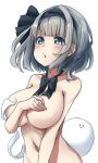  1girl :3 bangs black_bow black_hairband black_neckwear bow bowtie breasts covering covering_breasts eyebrows_visible_through_hair green_eyes grey_hair hairband highres konpaku_youmu konpaku_youmu_(ghost) large_breasts looking_at_viewer navel nude open_mouth pegashi short_hair solo touhou upper_body 
