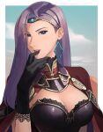  1girl a_(user_vtsy8742) black_gloves blue_eyes breasts cape earrings fire_emblem fire_emblem_echoes:_shadows_of_valentia gloves hair_ornament hand_on_own_face highres jewelry lips long_hair looking_at_viewer purple_hair solo sonya_(fire_emblem) 
