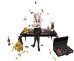  1girl alcohol azur_lane black_footwear black_legwear black_neckwear bottle bow bowtie card coin crossed_legs cup drinking_glass earrings hair_ornament hairclip hand_on_own_chin high_heels highres holding holding_card horns jewelry kinu_(azur_lane) kinu_(token_and_ghost)_(azur_lane) looking_at_viewer official_alternate_costume official_art oni_horns pantyhose short_hair sitting sleeveless transparent_background werkbau white_hair wine wine_bottle wine_glass yellow_eyes 