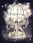 1girl angel_wings animal bangs barefoot bird birdcage brown_hair cage closed_eyes dress flower grass head_wreath head_wreath_removed holding leaf original plant short_hair sitting solo strapless strapless_dress tono_(rt0no) white_dress wings 